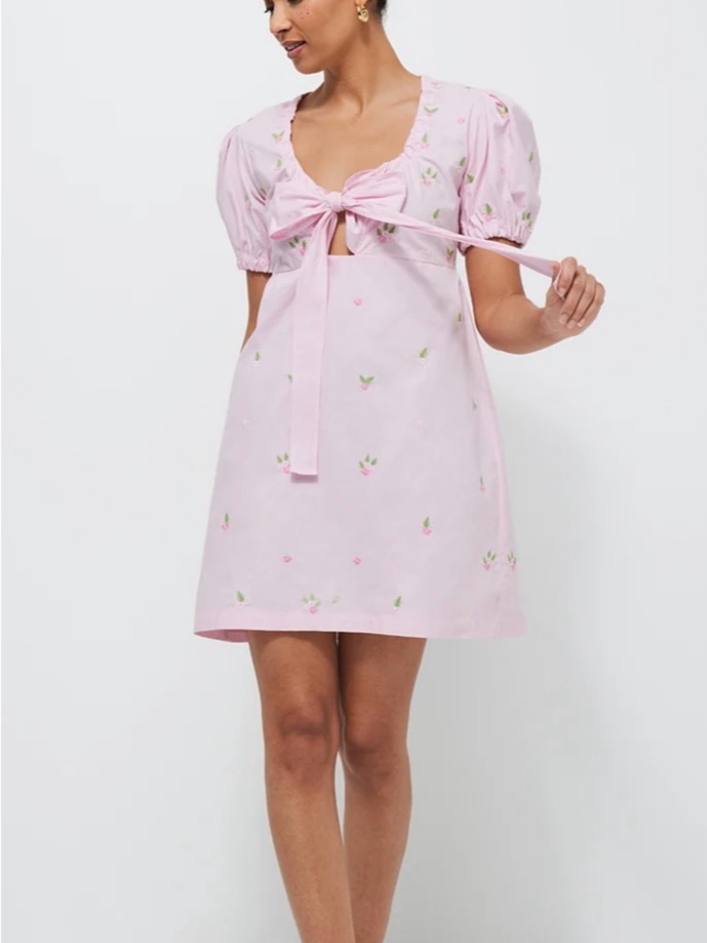 Fanm Mon Greta Pink Bow-Front Embroidered Mini Dress